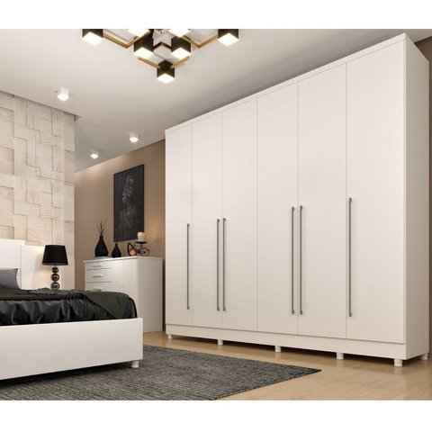 Quarto de Casal Roupeiro 6 Portas Portugal com Pés, Cama Casal Queen, Cabeceira e Cômoda 5 Gavetas Branco/Neve