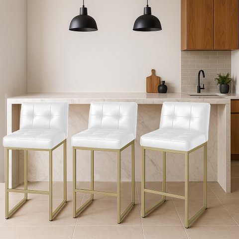 Banqueta Cozinha Alta com Encosto Industrial Kit 3 Champanhe Lirina Pu C05 - D’Rossi