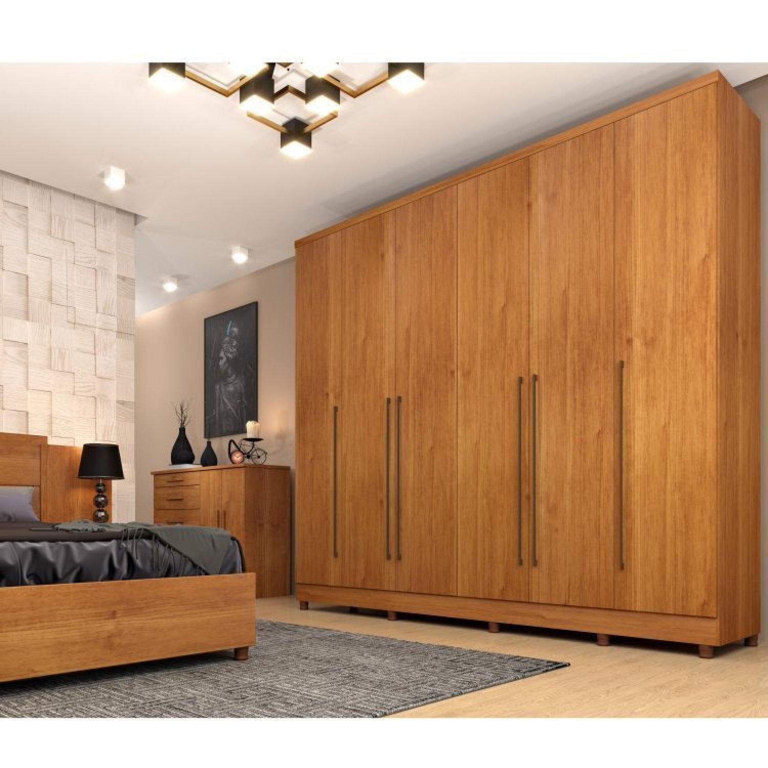 Quarto de Casal Roupeiro 6 Portas Portugal com pés, Cama Casal Queen, Cabeceira e Cômoda 5 Gavetas - 1