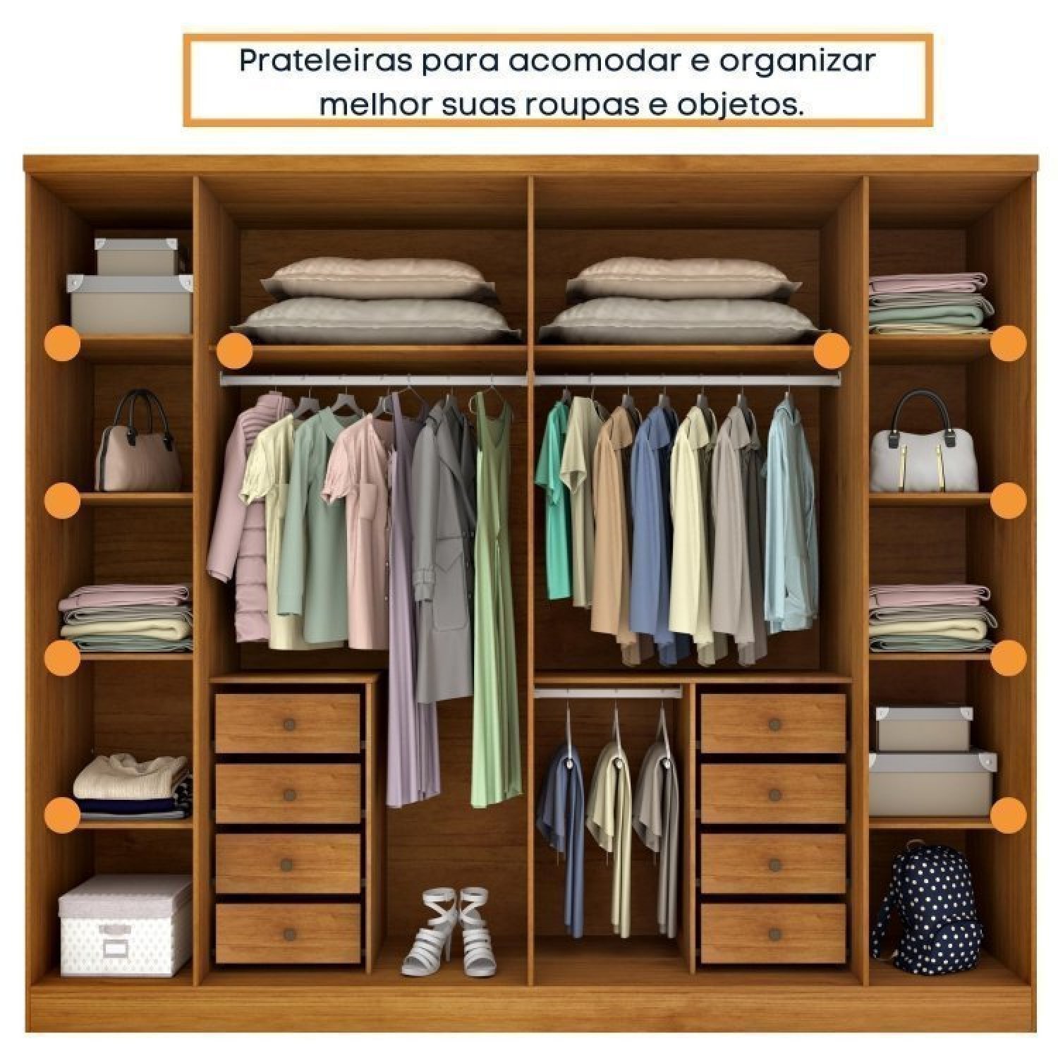 Quarto de Casal Roupeiro 6 Portas Portugal com pés, Cama Casal Queen, Cabeceira e Cômoda 5 Gavetas - 5