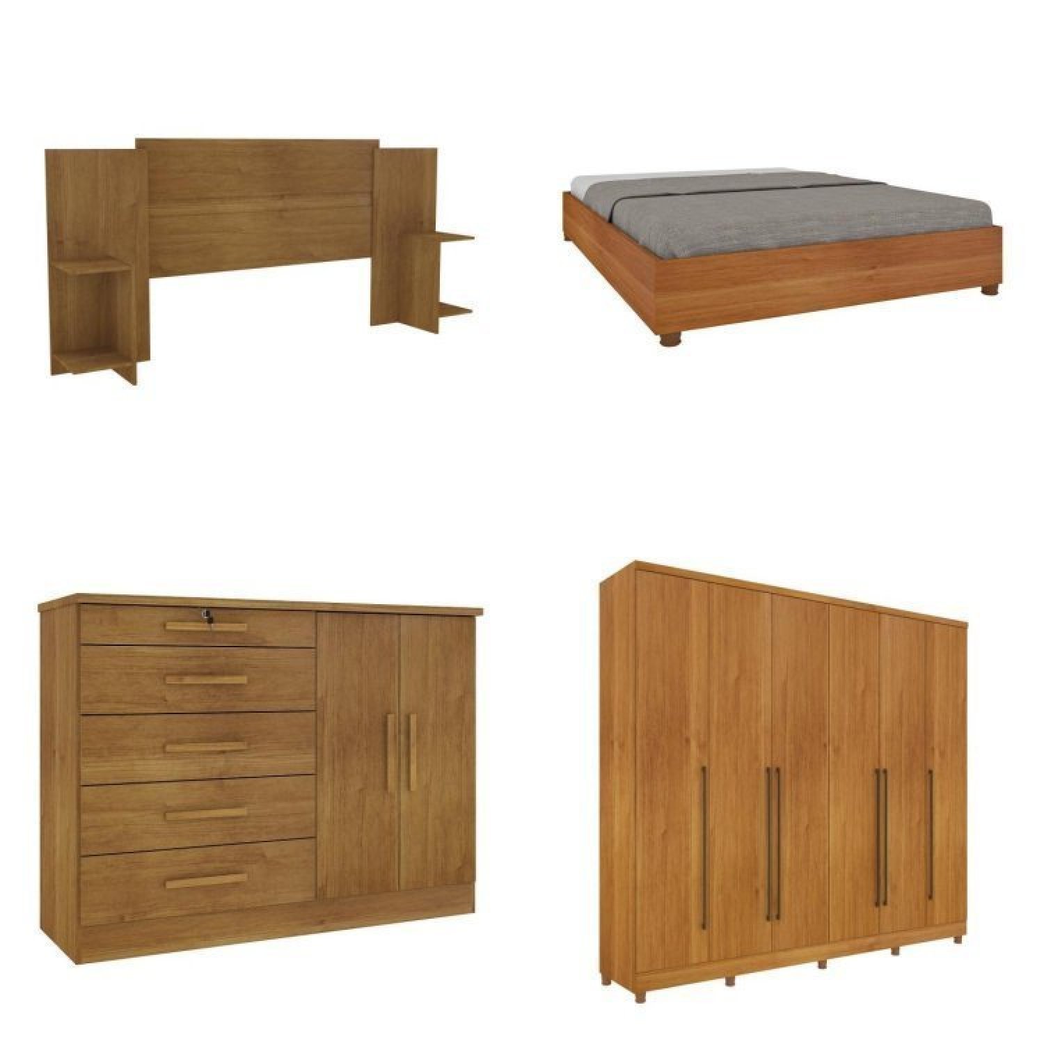 Quarto de Casal Roupeiro 6 Portas Portugal com pés, Cama Casal Queen, Cabeceira e Cômoda 5 Gavetas - 2