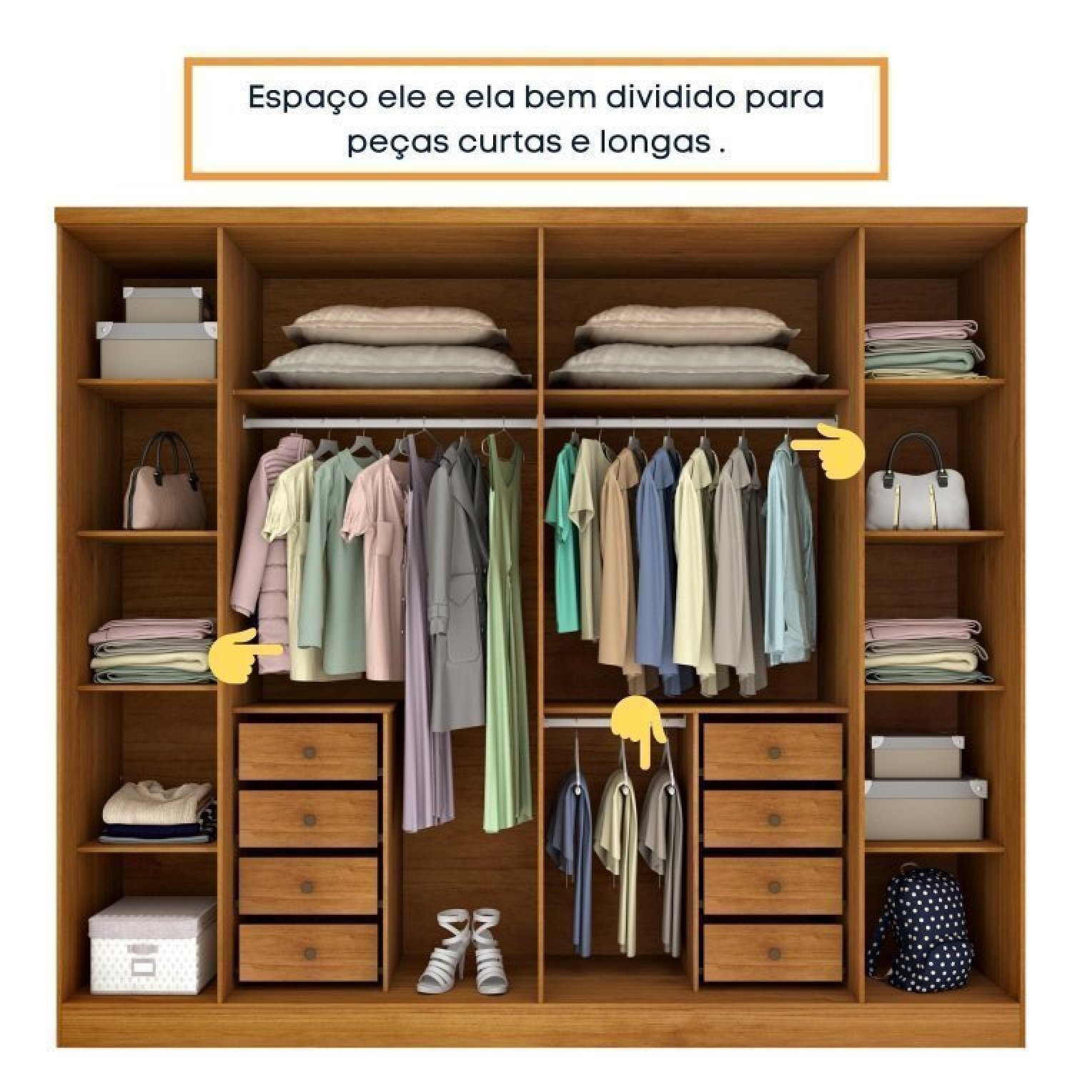 Quarto de Casal Roupeiro 6 Portas Portugal com pés, Cama Casal Queen, Cabeceira e Cômoda 5 Gavetas - 6