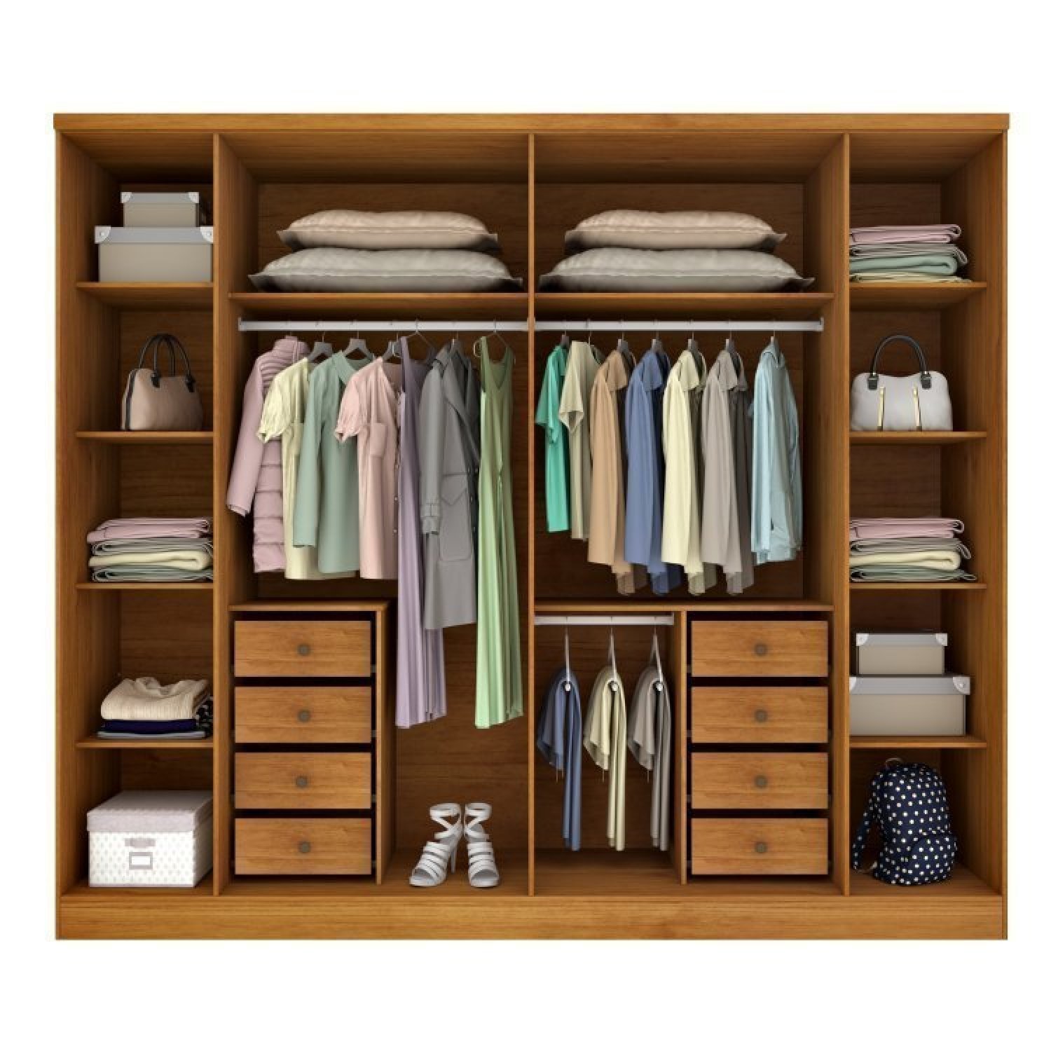 Quarto de Casal Roupeiro 6 Portas Portugal com pés, Cama Casal Queen, Cabeceira e Cômoda 5 Gavetas - 4