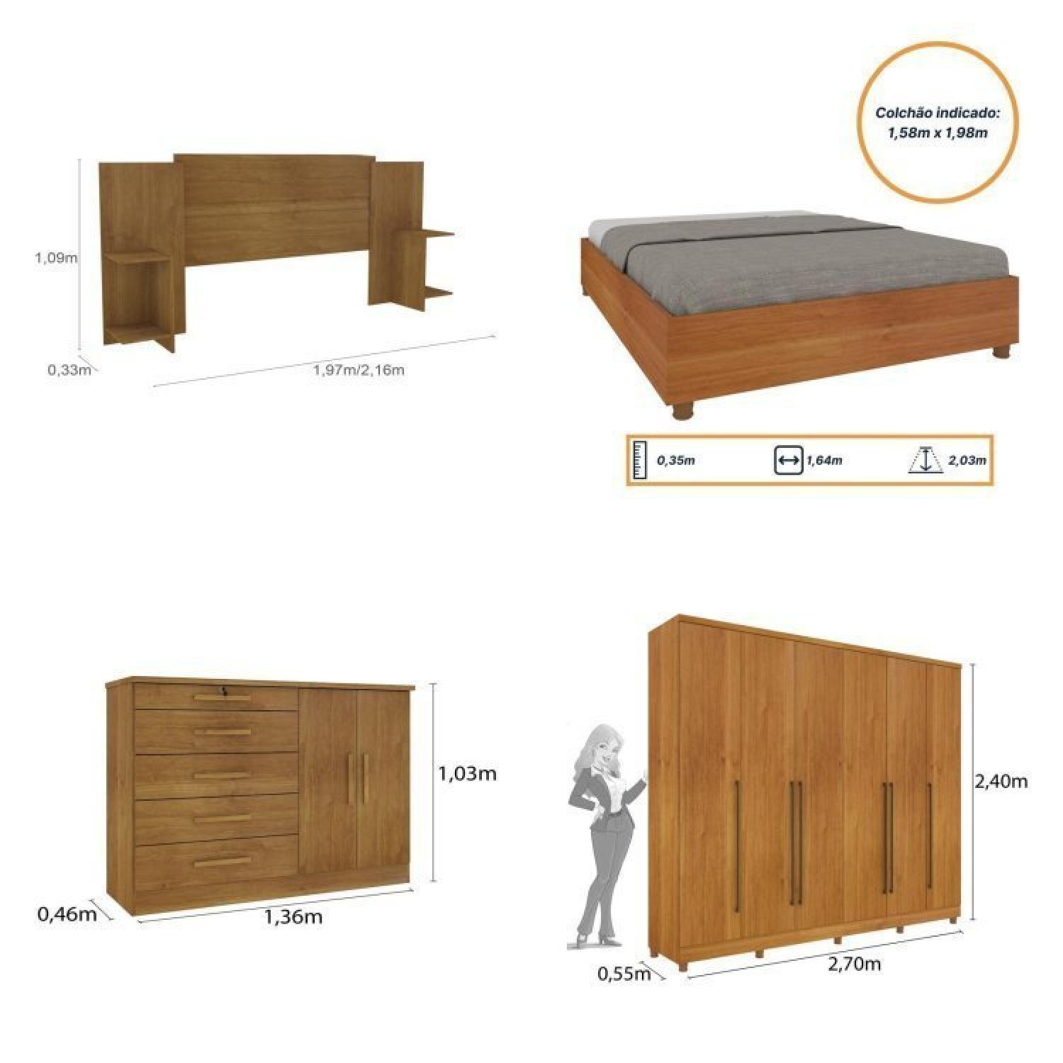 Quarto de Casal Roupeiro 6 Portas Portugal com pés, Cama Casal Queen, Cabeceira e Cômoda 5 Gavetas - 3