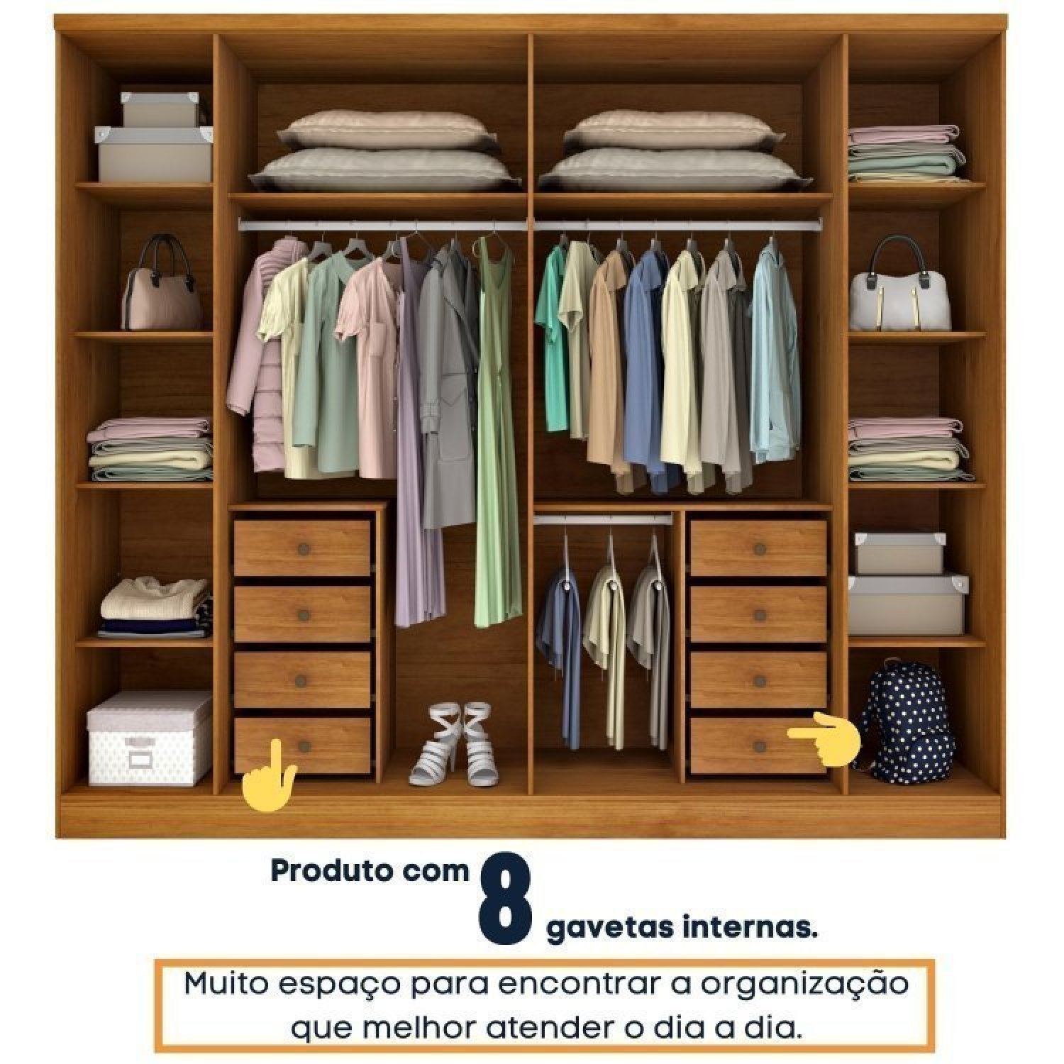 Quarto de Casal Roupeiro 6 Portas Portugal com pés, Cama Casal Queen, Cabeceira e Cômoda 5 Gavetas - 7