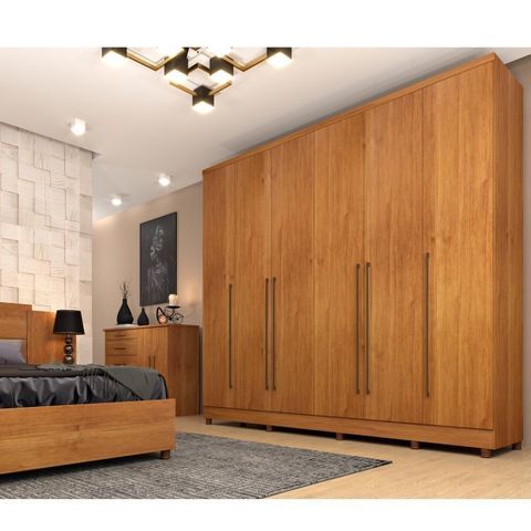 Quarto de Casal Roupeiro 6 Portas Portugal com Pés, Cama Casal Queen, Cabeceira e Cômoda 5 Gavetas