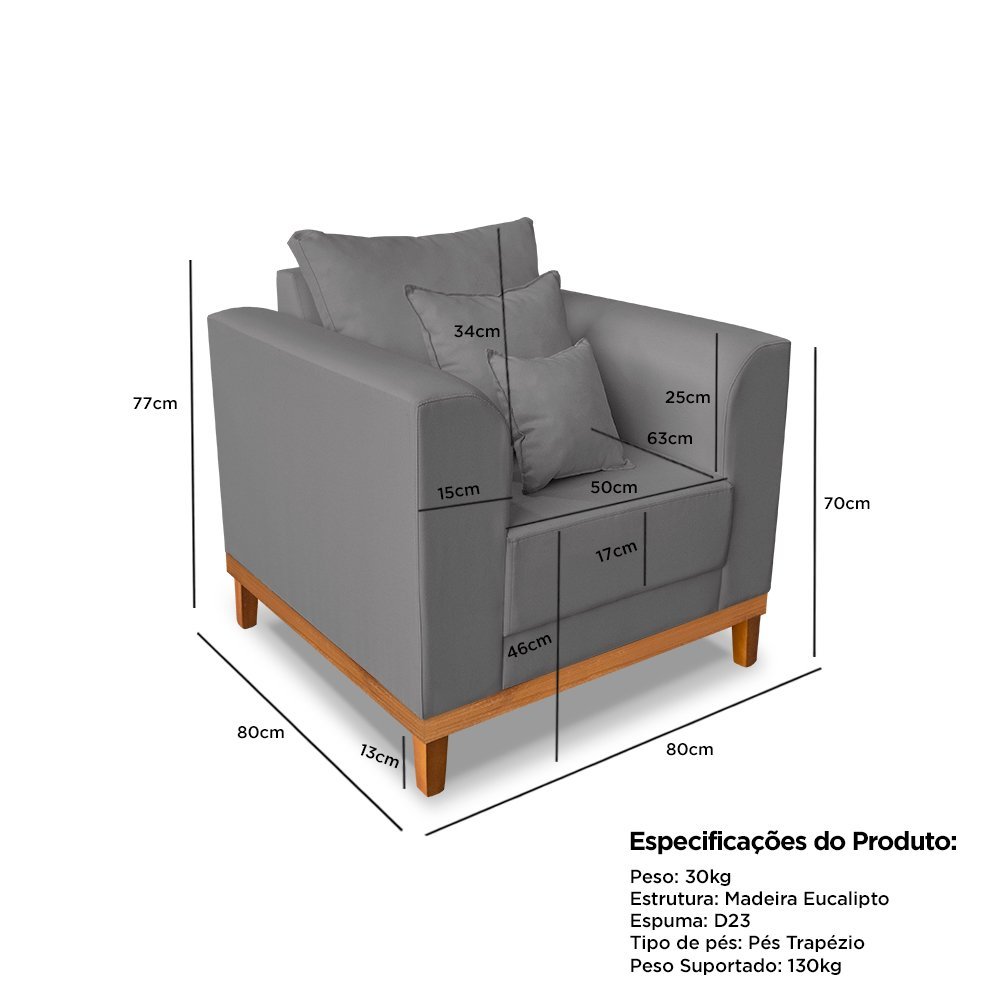 Kit Sofá 3 Lugares e 2 Poltronas Beny Viena com Almofadas Decorativa Linho Cinza - Madeira Prima Dec - 8