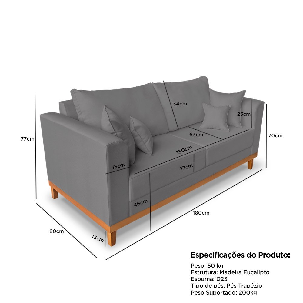 Kit Sofá 3 Lugares e 2 Poltronas Beny Viena com Almofadas Decorativa Linho Cinza - Madeira Prima Dec - 7