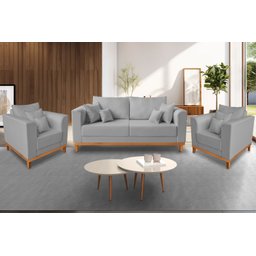 Kit Sofá 3 Lugares e 2 Poltronas Beny Viena com Almofadas Decorativa Linho Cinza - Madeira Prima Dec - 2