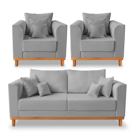 Kit Sofá 3 Lugares e 2 Poltronas Beny Viena com Almofadas Decorativa Linho Cinza - Madeira Prima Dec