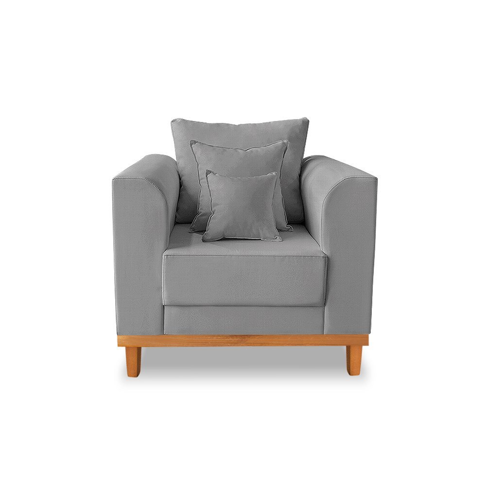 Kit Sofá 3 Lugares e 2 Poltronas Beny Viena com Almofadas Decorativa Linho Cinza - Madeira Prima Dec - 6