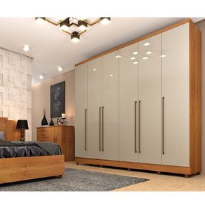 Quarto de Casal Roupeiro 6 Portas Portugal com Pés, Cama Casal Queen, Cabeceira e Cômoda 5 Gavetas