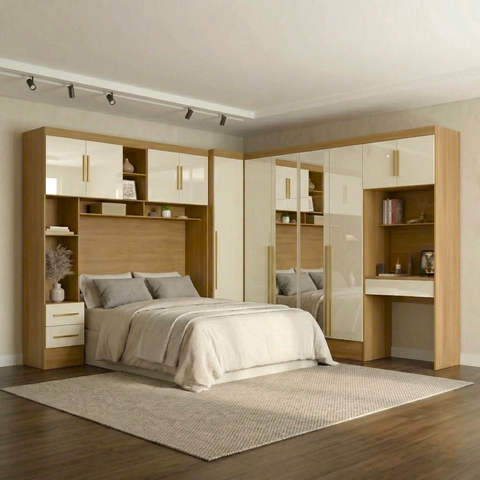 Guarda Roupa Casal Modulado 4 Peças 11 Portas 5 Gavetas com Cabeceira e Escrivaninha 100% MDF Smart