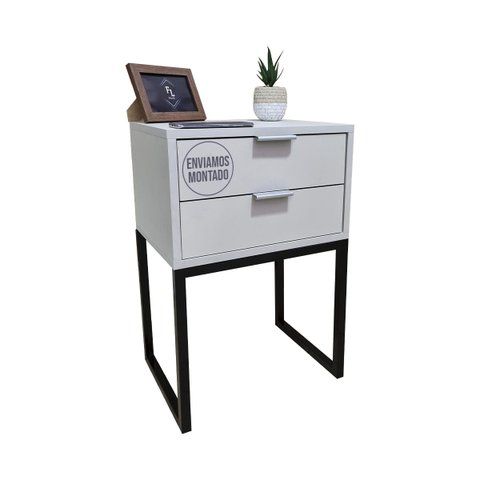 Mesa de Cabeceira Off White 40cm Eco Industrial 2 Gavetas Quarto Cama Base Metal Preta Puxador Prata