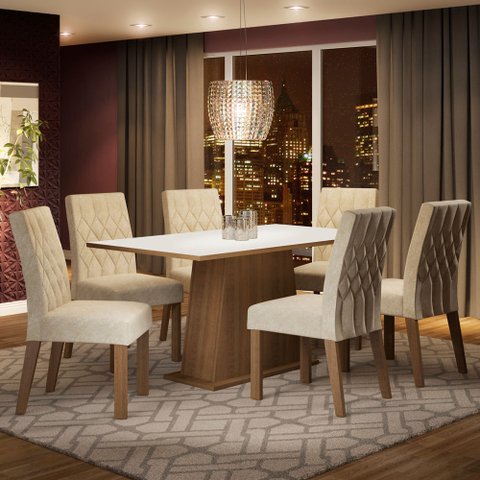 Conjunto Sala de Jantar Madesa Daniela Mesa Tampo de Madeira com 6 Cadeiras Rustic/Branco/Imperial C