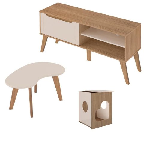Rack 60 Pol Mesa Centro e Apoio Sala Lop4 Carvalho Off White Arly