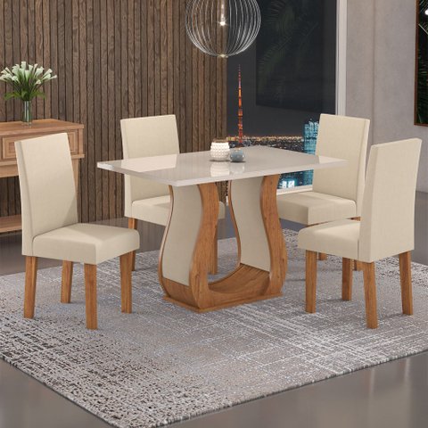 Mesa de Jantar 4 Lugares Benet Mel/off White/veludo Pastel