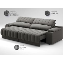 Sofá com Porta Copos e Carregador USB Retrátil e Reclinável Murano 2,00m Velosuede Cinza - - 5