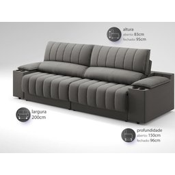 Sofá com Porta Copos e Carregador USB Retrátil e Reclinável Murano 2,00m Velosuede Cinza - - 3