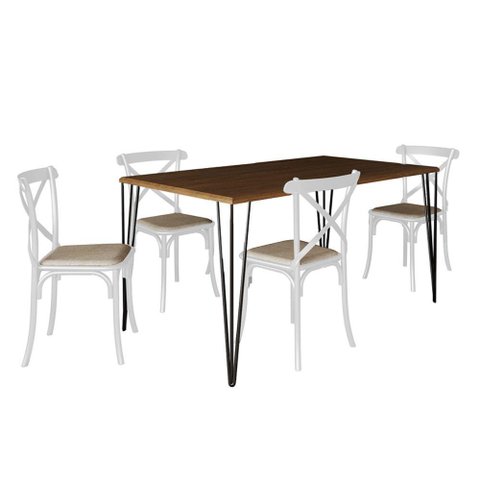 Conjunto de Mesa Elen Retangular Tampo de Madeira 140x80cm Amêndoa com 4 Cadeiras Katrina Branca