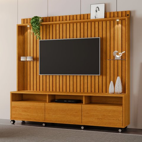 Estante para TV e Home Theater Ripado para TV até 60 Polegadas com LED MDF 190cm LED Tvs de com 3 Gavetas Absoluto Marrom