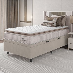 Cama Box Baú Colchão Solteiro Molas Ensacadas City Pillow Top 88x188x64cm Branco / Bege Hellen