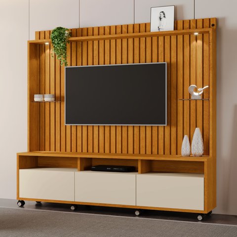 Estante Ripado para TV até 60 Polegadas com LED MDF 190cm com 3 Gavetas Absoluto Marrom
