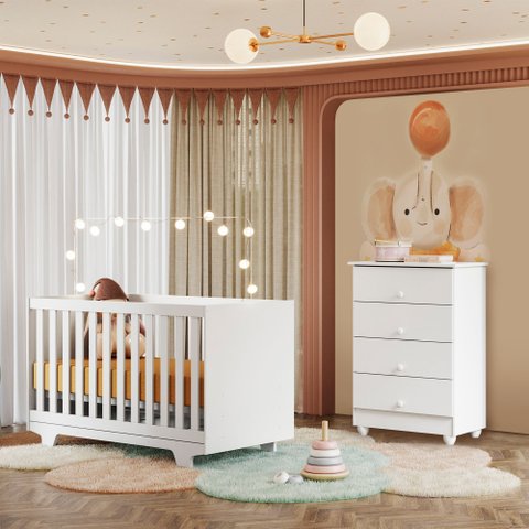 Quarto de Bebê Berço Mini Cama e Cômoda com Colchão Nina
