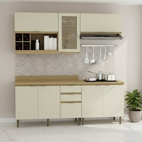 Cozinha Modulada 6 Peças 2 Aéreos 1 Balcão 120cm e 1 de 80cm com Tampo Cooktop Bege/Nature