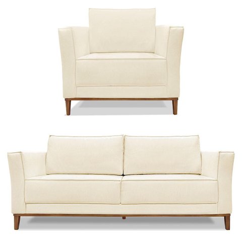 Kit Poltrona e Sofá Living 2 Lugares 1,70m Vega Linho Pés Castanho - Pallazio Cor:Natural