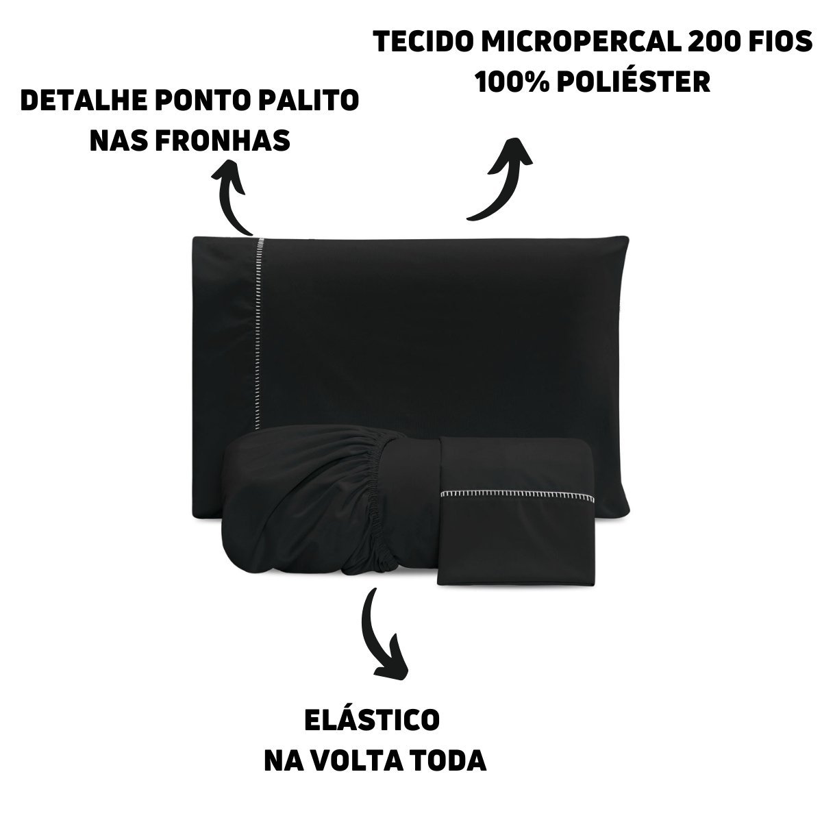 Lençol Casal Elástico 400 Fios Preto Micropercal Jogo 3 Peça - 3