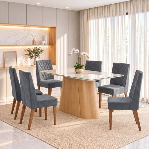 Conjunto Sala de Jantar Mesa Olivia 160cm Tampo MDF e Vidro Canto Arredondado 6 Cadeiras Maitê