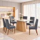 Ver imagem 1 de Conjunto Sala de Jantar Mesa Olivia 160cm Tampo MDF e Vidro Canto Arredondado 6 Cadeiras Maitê