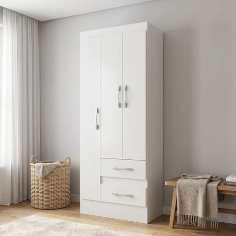 Guarda-Roupa Solteiro 3 Portas 2 Gavetas Branco Nobre