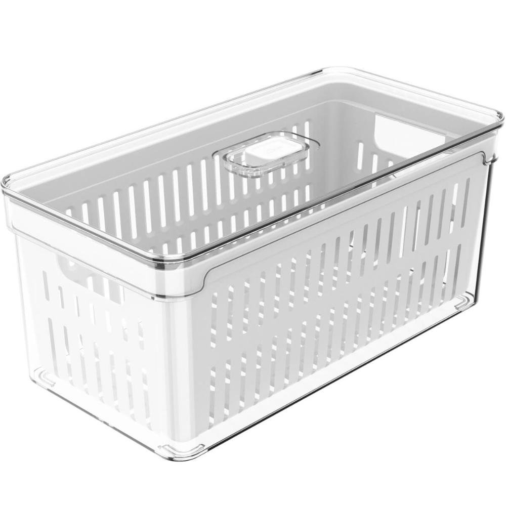 Organizador de Geladeira com Escorredor Interno 5l Caixa Plástica para Legumes Saladas Clear Fresh