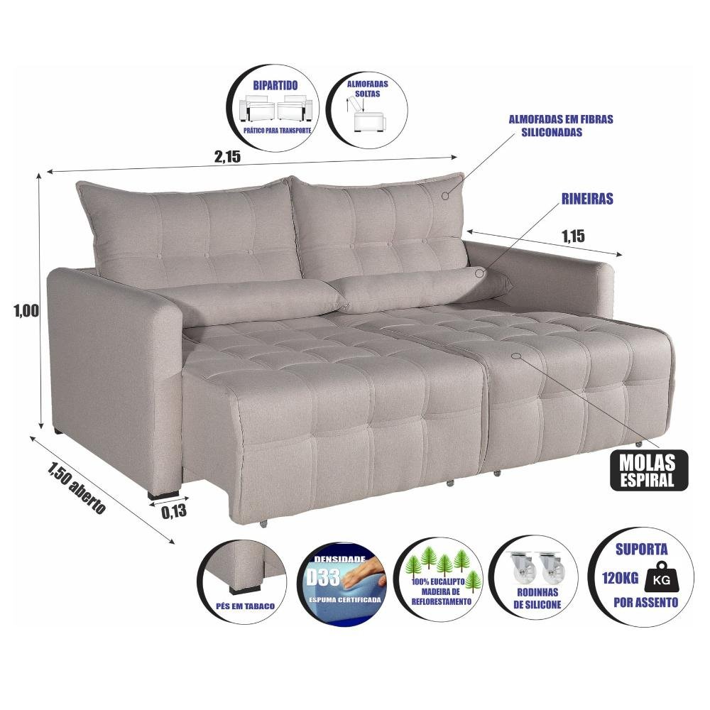 Sofá Cama Retrátil Innova Linho Bom Pastor Marrom | MadeiraMadeira