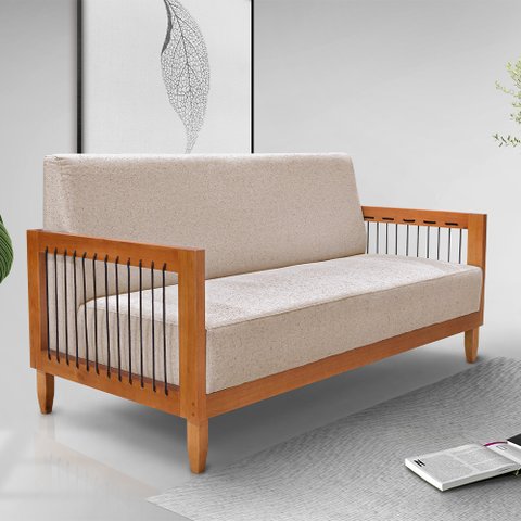 Poltrona Namoradeira Sala de Estar Pés Madeira Maciça Corda Náutica Preta 160cm Manila Linho Areia R