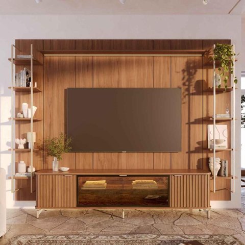 Rack com Painel para TV até 85" 11 Prateleiras e LED Neon Float 291cm - Canella c/ Champanhe
