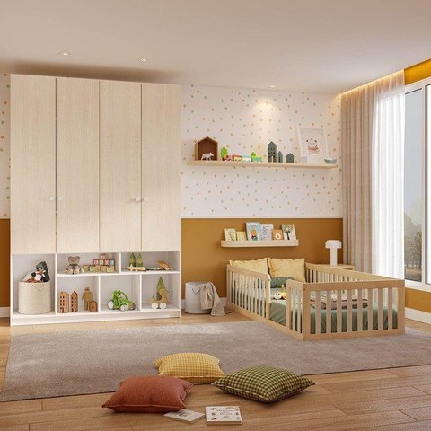 Quarto Montessori Cama Giulia e Guarda-Roupa Curió 4 Portas Casatema MadeiraOriginals Natural/Branco