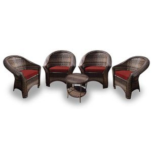 Conjunto de Poltronas Fibra Sintética Bali - 4 Poltronas + 1 Mesa Centro - Tecido Duna Vermelho