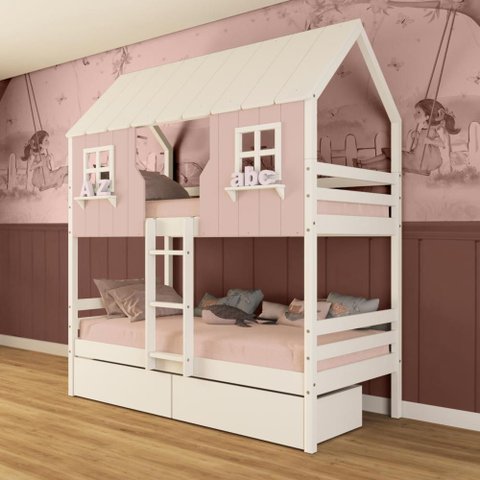 Beliche Casinha Encantada com 02 Gavetas Madeira Maciça Rosa/ Branco Megamobilia