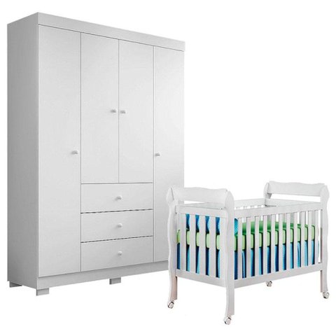 Berço Americano Lila com Guarda Roupa Duda 4 Portas Branco Brilho - Phoenix Baby
