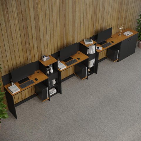 Conjunto de Escritório Smart 2 Livreiro 1 Buffet e 3 Mesas 90cm - Preto e Cedro
