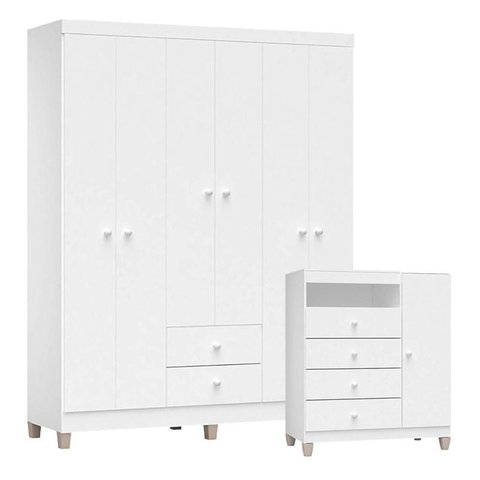 Cômoda e Guarda Roupa 6 Portas Ternura Baby Branco Brilho – Incorplac