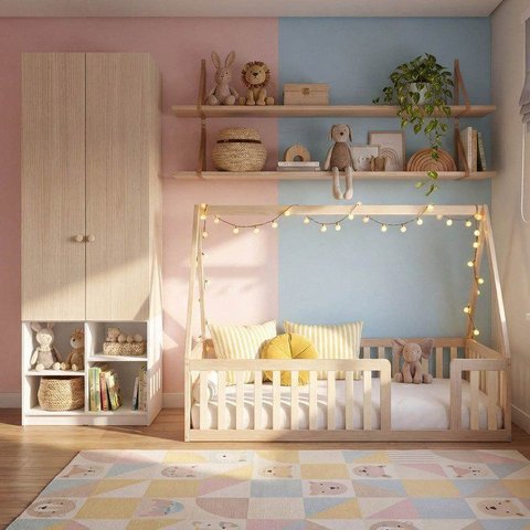 Quarto Montessori Cama Telhado Giulia e Guarda-Roupa Curió Casatema MadeiraOriginals Natural/Branco