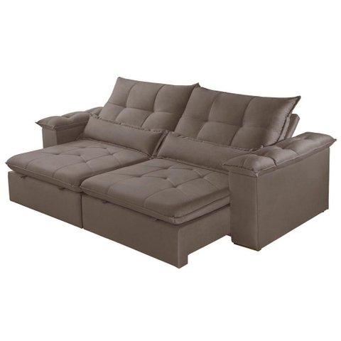 Sofá com Chaise Exclusive 3 Lugares Retrátil 210cm Marrom Veludo Meu Sofá Online