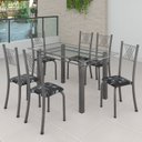 Ver imagem 1 de Conjunto de Jantar Mesa 140x75cm Tampo de Vidro Incolor com 6 Cadeiras Sara Yescasa Prata/Preto Floral/Mart