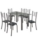 Ver imagem 2 de Conjunto de Jantar Mesa 140x75cm Tampo de Vidro Incolor com 6 Cadeiras Sara Yescasa Prata/Preto Floral/Mart