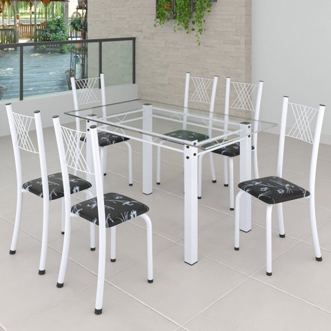 Conjunto de Jantar Mesa 140x75cm Tampo de Vidro Incolor com 6 Cadeiras Sara Yescasa Branco/Preto Floral