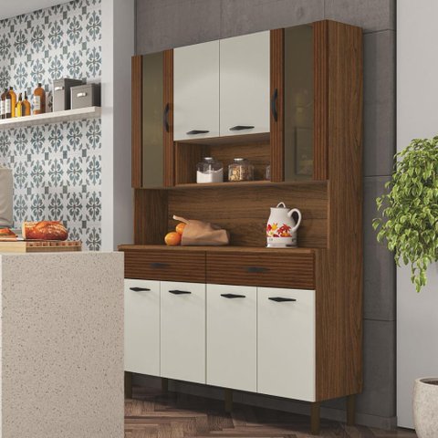 Armário de Cozinha Compacta 8 Portas 2 Gavetas Golden - Nogueira/off White/cp-ripado